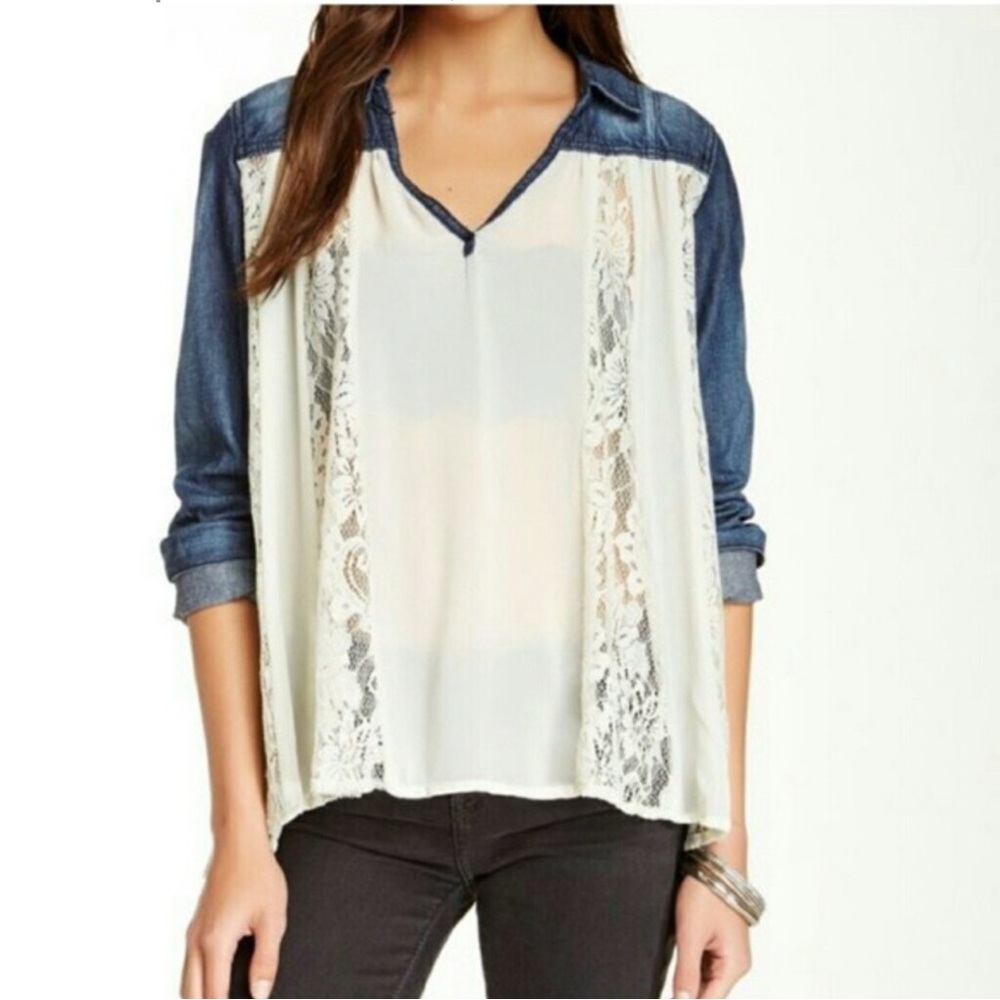 New Free People Sheer Chiffon Lace Swing Denim Top Size M